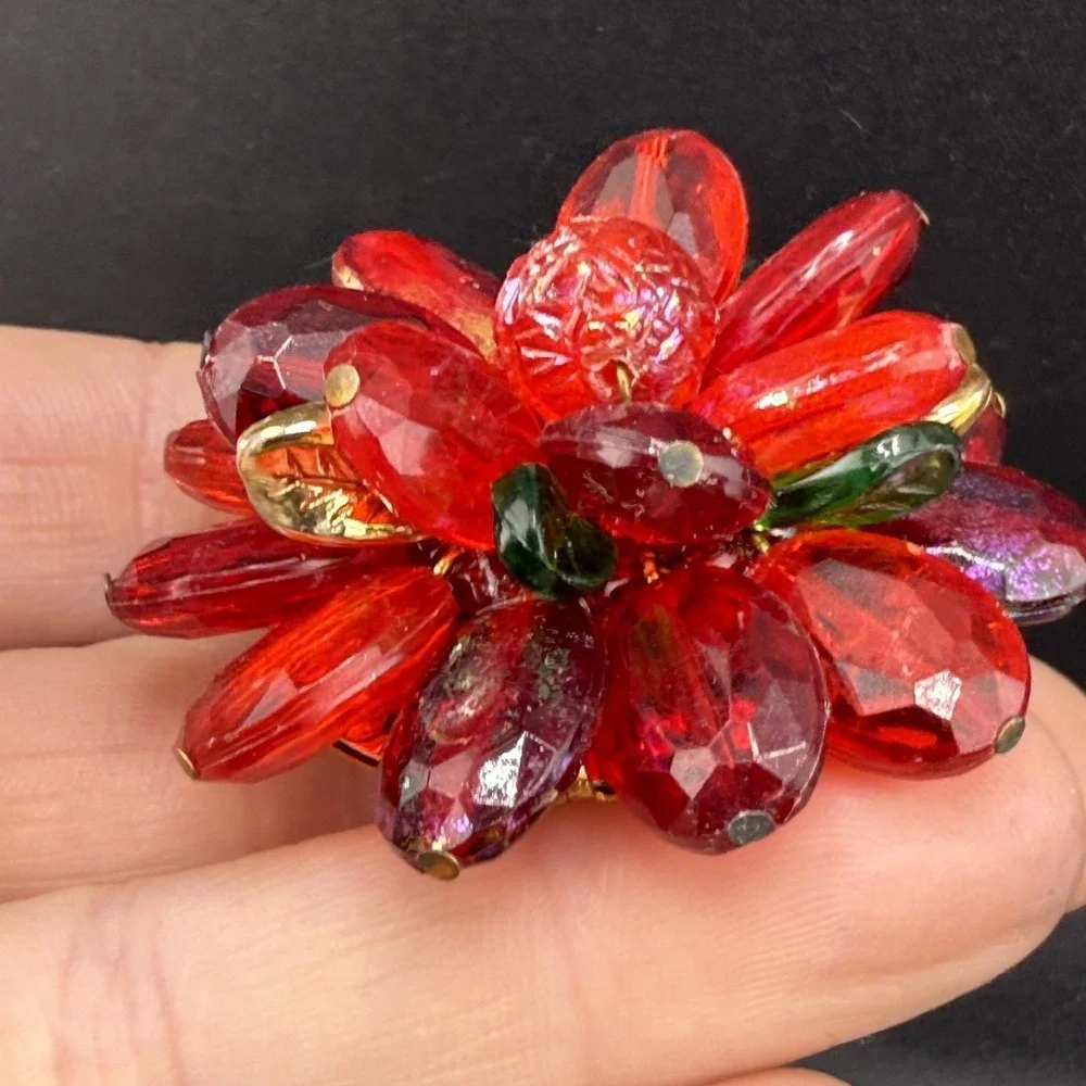 Vintage Western Germany Brooch Red Cluster‎ Flower
